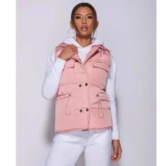 Pink Sleeveless Collared Double Breasted Padded Puffer Jacket Vest Gilet - Picture 15 of 16